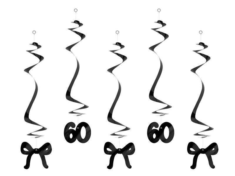 Hengende spiraler 60-årsdag med sløyfer, svart, 50 cm(5 stk)