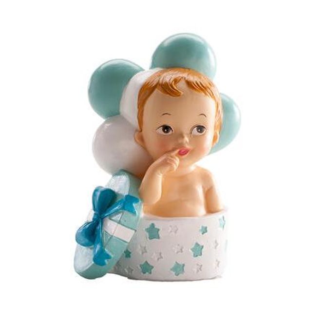 Hovedbilde Kakefigur Dåp gutt i gave med ballonger, 10,5 cm
