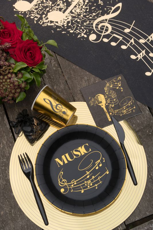 Tallerkener musikktema sort/gull – 8 stk