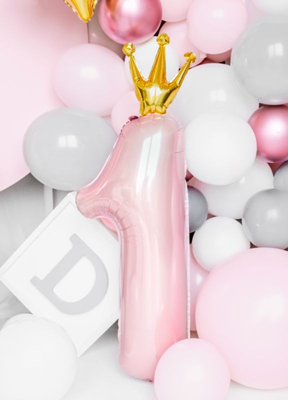 Tallballong med krone ''1'', 37×100 cm, lys rosa