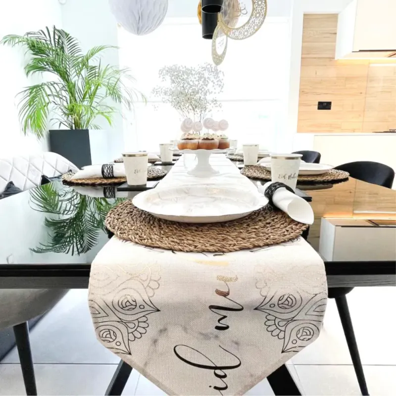 Eid Mubarak Bordløper i Stoff Marble & Gold